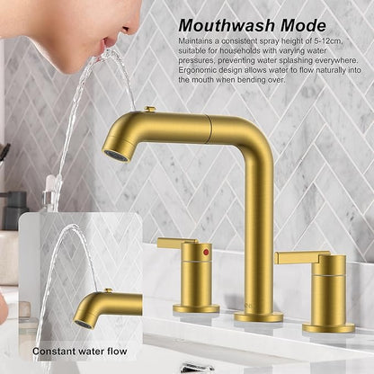 KENES Brushed Gold Pull Down Bathroom Faucet, 8 Inch 2 Handle Widespread Bathroom Faucet 3 Hole with Pull Out Sprayer, Bathroom Sink Faucet with Pop Up Drain & Supply Lines LJ-9058A-4