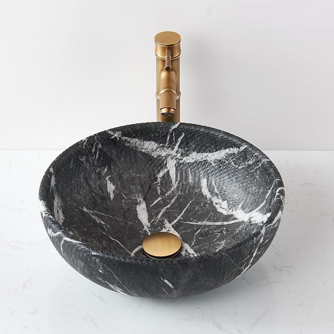 Vessel Sink Round 16 Inch Bathroom Sink, Counter Top Black+ White Marble Color Cloakroom Porcelain Ceramic Vessel Vanity Sinks Art Basin for Bathroom