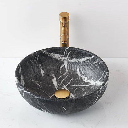 Vessel Sink Round 16 Inch Bathroom Sink, Counter Top Black+ White Marble Color Cloakroom Porcelain Ceramic Vessel Vanity Sinks Art Basin for Bathroom