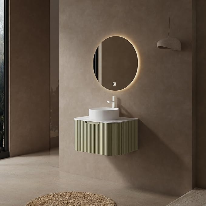 24'' Floating Vanity with Sink Combo, Modern Wall-Mounted Curved Edges Striped Bathroom Storage Cabinet with Soft-Close Drawer and White Artificial Marble Basin, Light Green