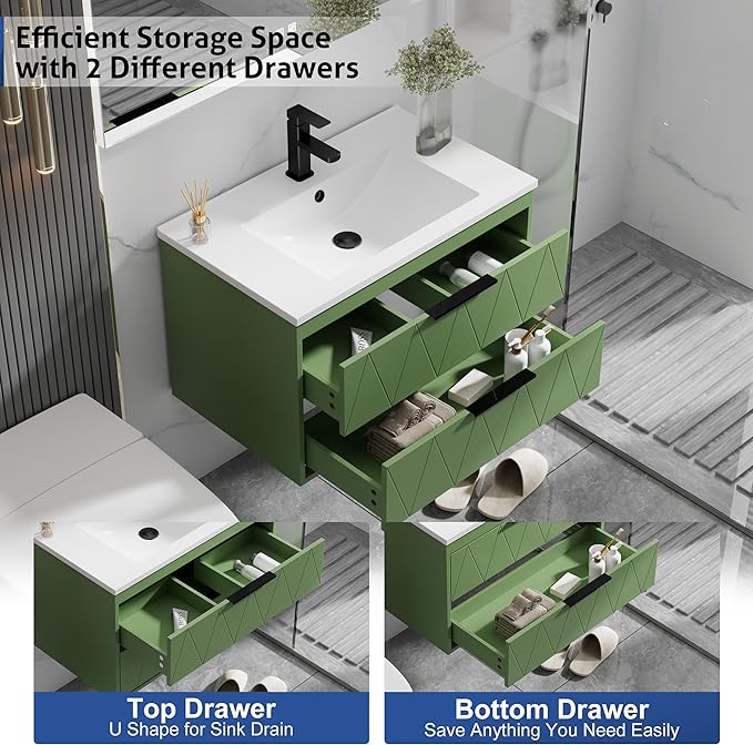 eclife 30" Bathroom Vanities Cabinet with Sink Combo, Wall Mounted Floating Cabinet W/Decor Line, Soft-Close System, 2 Extra Big Drawers, Matte Black Faucet, Matcha Green
