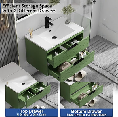 eclife 30" Bathroom Vanities Cabinet with Sink Combo, Wall Mounted Floating Cabinet W/Decor Line, Soft-Close System, 2 Extra Big Drawers, Matte Black Faucet, Matcha Green