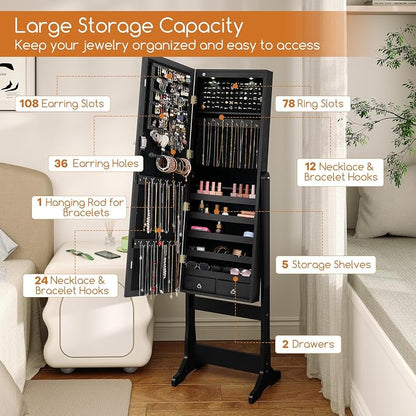 Giantex Standing Jewelry Armoire, Lockable Jewelry Cabinet with Full Length Mirror, LED Lights, 4 Tilt Angle Adjustable, Mirror with Jewelry Storage, Standing Jewelry Organizer with Drawers, Black