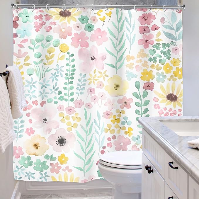 Sage Green Floral Cute Boho Watercolor Plants Bathroom Shower Curtain Set | 72"W x 72"H Girly Spring; waterproof HD print, quick-dry fabric with 12 hooks for easy hanging.