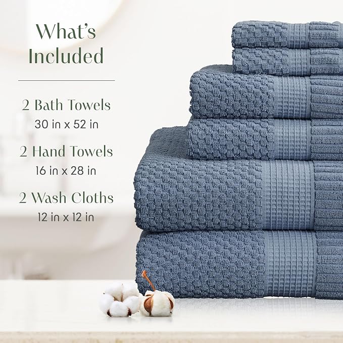 100% Cotton 6 Piece Bath Towel Set | Blue Towels | Oeko‑TEX Standard 100 | Soft & Absorbent, Quick‑Dry | Trinity Collection - Flint Stone