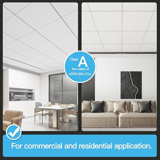 Art3d 12-Pack Stucco Texture Drop Ceiling Tiles 2x2 FT - Fire-Rated, Waterproof, Reusable - Premium PVC 24x24 Inch Ceiling Panels for Living Room Kitchen Bathroom Basement Office, White