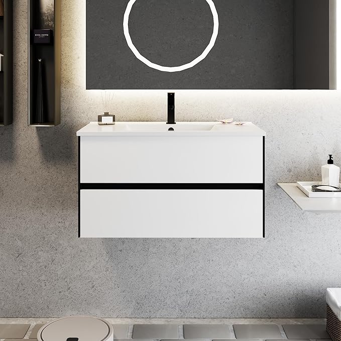 eclife 36" Bathroom Vanity Cabinet with Undermount White Sink Combo, Wall Mounted Floating Bathroom Cabinet with Colors Mixed Style, 2 Big Drawers & Matte Black Faucet