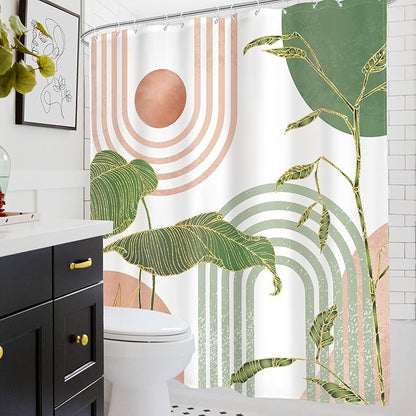 Glawry Pink and Green Boho Shower Curtain Abstract Mid Century Palm Tree Leaves Bathroom Minimalist Tropical Modern 60Wx72L Inches Bath Accessories Art Home Decor Fabric 12 Pack Hook