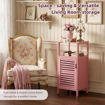 HITNET Small Bathroom Storage Cabinet, Bamboo Floor Cabinet Single Door, Freestanding Narrow Side Organizer for Living Room Hallway Entryway, Pink
