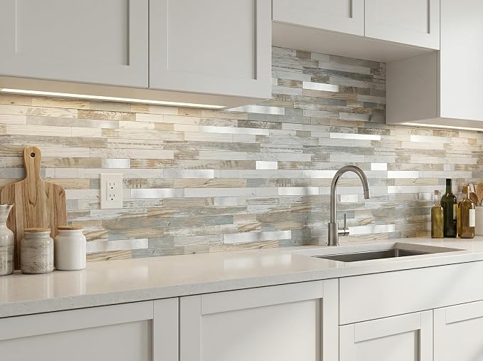 Yipscazo 20 Sheets Peel and Stick Wood Metal Tile Backsplash, Stick on Tiles for Backsplash Kitchen, Bathroom, Laundry Room, Camper, Fireplace (12'' X 12'', White Wood with Metal)