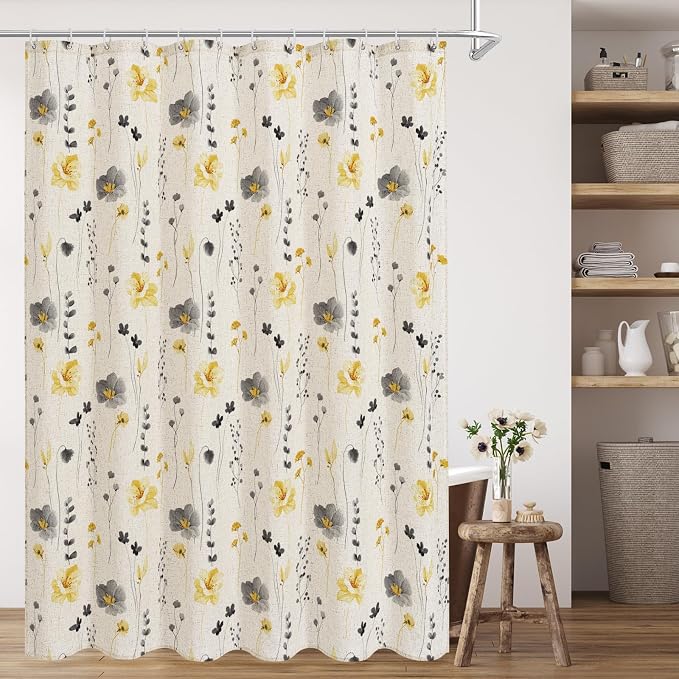 Yellow Linen Watercolor Floral Fabric Shower Curtain, 72x72 | Linen Fabric, Modern Minimalist Floral Print, Machine Washable, Rustproof Grommets, for Bathroom Home