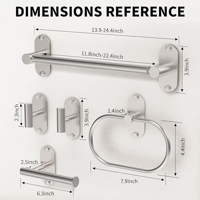 5-Piece Bathroom Hardware Set, Adhesive or Drill Wall Mount, Nickel | Adjustable Towel Bar, Toilet Paper Holder, Towel Ring, 2 Towel Hook, 304 Stainless Steel Bathroom Accessories Set