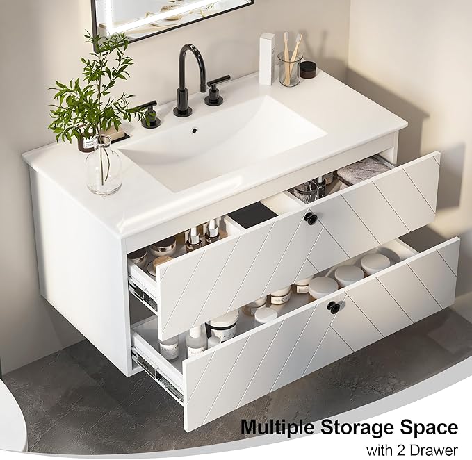 36 inch Bathroom Vanity with Sink, Floating Cabinet with Ceramic Sink, 2 Fluted Drawers Large Storage, Soft-Close Design, Modern (No Faucet)