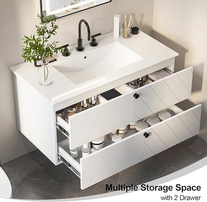 36 inch Bathroom Vanity with Sink, Floating Cabinet with Ceramic Sink, 2 Fluted Drawers Large Storage, Soft-Close Design, Modern (No Faucet)