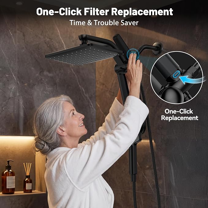 Dual Filtered Rainfall Handheld Showerhead Spray Combo with 7 Modes | 2026 Upgraded Shower Head Combo, Dual Filtration For Skin & Hair Care, One-Button Filter Replacement, Matte Black