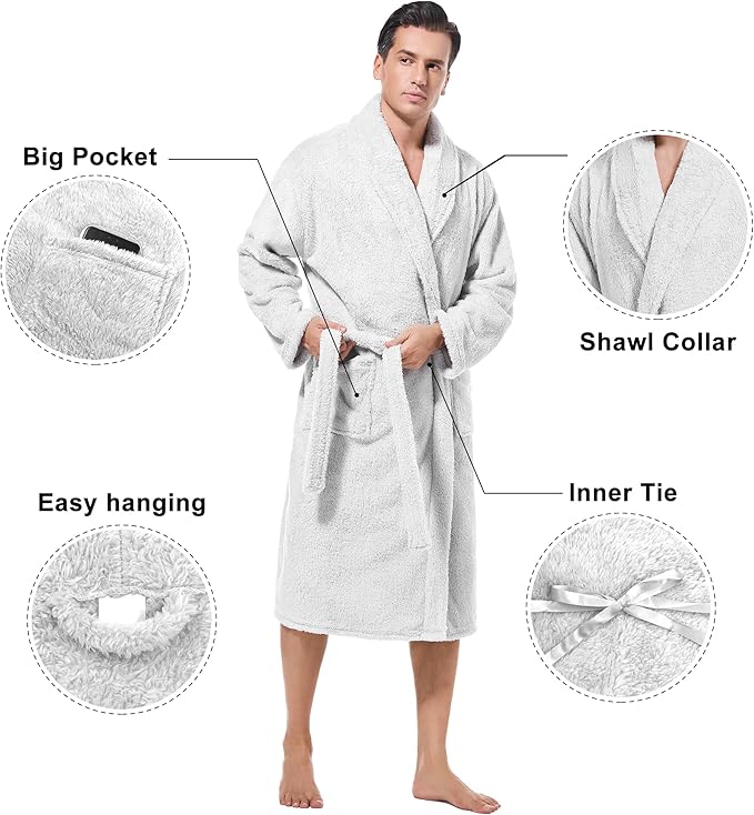 Inner Wish Mens Plush Fleece Robe, Cozy Warm Bathrobe Fuzzy Male Spa Long Robe With Pockets (DARK GREY)