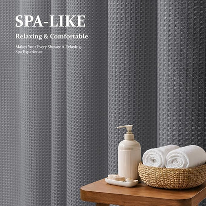 Long Waffle Shower Curtain 256 GSM Heavy Fabric 72x80 Grey/Gray | 80 Inch Long, Thick Cloth, Weighted Hem, Water Repellent, Hotel Luxury Polyester Shower Curtain Set for Bathroom 12 Hooks