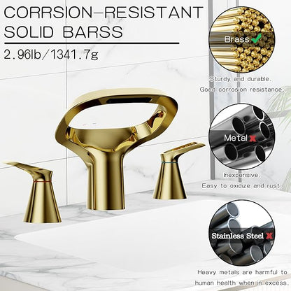 Gold Bathroom Faucet 3 Hole, 8 Inch Widespread Gold Faucets 2-Handle for Bathroom Vanity Sink with Adjustable Spout, with Supply Line, for 6 to 12 in Sink