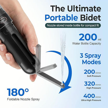 Electric Portable Bidet – Rechargeable Travel Bidet for Women Postpartum Care & Personal Hygiene | 3 Pressure Modes for Home Travel & Camping, Black