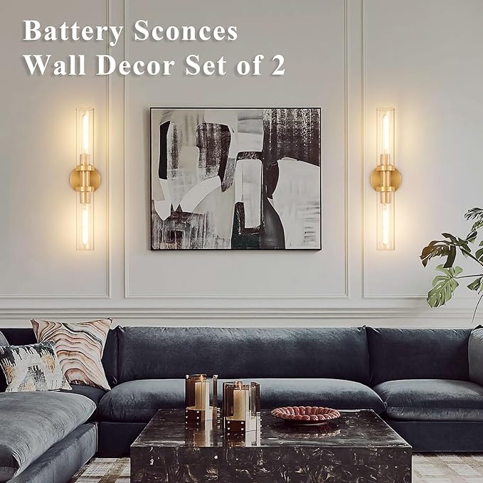 Gold Battery Operated Wall Sconce Set of 2, 12000mAh Rechargeable Wall Lights with Remote Control, Wireless Dimmable Wall Lamps for Bedroom Living Room Bathroom Hallway Stairwell