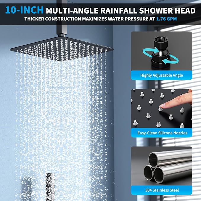 Shower Faucet Set Shower System - EMBATHER Push Button Diverter Dual Shower Faucet Valve Kit with Rainfall Ceiling Mount 10 Inch Shower Head 6 Inch Wall Mount, for Couple (Standard-10'', Matte Black)