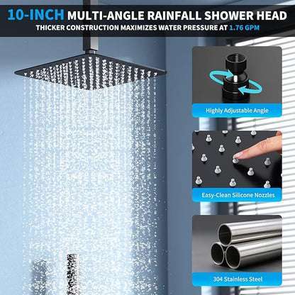 Shower Faucet Set Shower System - EMBATHER Push Button Diverter Dual Shower Faucet Valve Kit with Rainfall Ceiling Mount 10 Inch Shower Head 6 Inch Wall Mount, for Couple (Standard-10'', Matte Black)