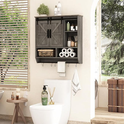 RUSTOWN Farmhouse Bathroom Wall Cabinet,3-Tier Rustic Wood Wall Mounted Cabinets,Vintage Medicine Cabinet with Sliding Barn Door and Adjustable Shelves,Over The Toilet Storage Cabinet (Washed Oak)