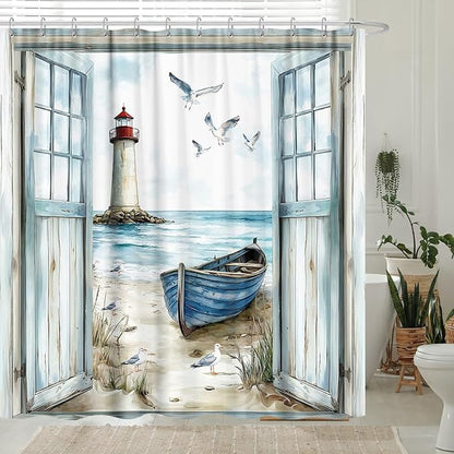 Coastal Beach Shower Curtain, Nautical Lighthouse Sailboat Ocean Seaside Seascape Shower Curtain Set, Rustic Barn Door Seashore Fabric Boho Shower Curtain for Bathroom 12 Hooks, 72"×72" Turquoise Teal