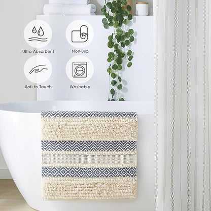 Ink+Ivy Bath Rug Hand-Woven Texture Shaggy Striped Soft & Water Absorbent, Boho Bathroom Décor Bath-Mats, Non-Slip Absorbent Quick Dry Mats for Tub, Shower Room, Asher, 20x32, Navy 1 Piece