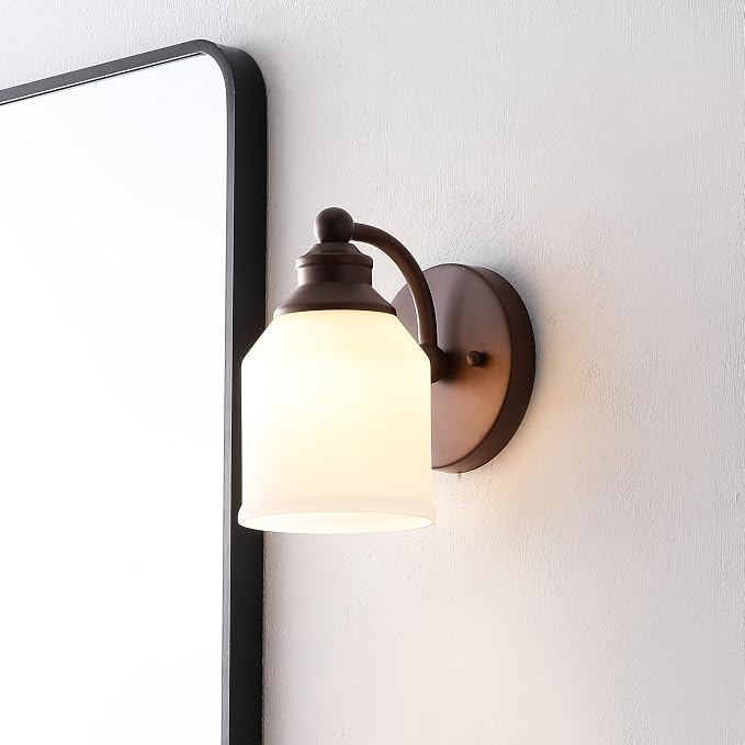 JONATHAN Y Lydia 1-Light Metal Vanity Wall Sconce 5.13", Oil Rubbed Bronze | Frosted White Glass Bell Shades, Dimmable Hardwired Damp Rated Bathroom Wall Sconce, Classic Style, LED Bulbs Included