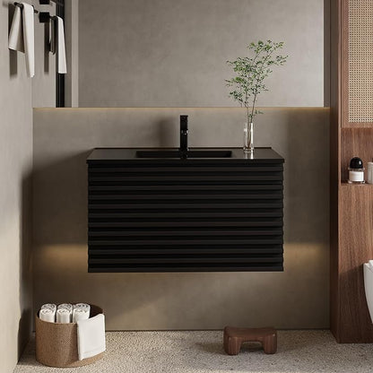 eclife 36" Floating Bathroom Vanity with Sink Combo, Mid-Century Wall Mounted Cabinet with Wood Stripes Decor, Drawers, Undermount Single Black Sink, Faucet, Drain, Black