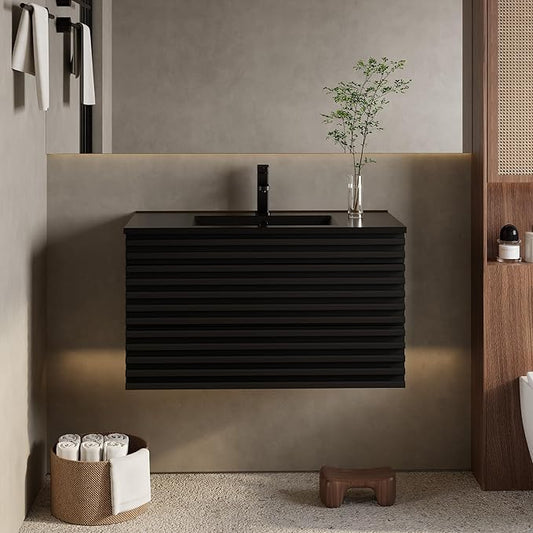 eclife 36" Floating Bathroom Vanity with Sink Combo, Mid-Century Wall Mounted Cabinet with Wood Stripes Decor, Drawers, Undermount Single Black Sink, Faucet, Drain, Black