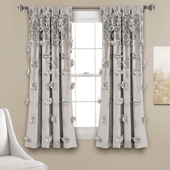 Lush Decor Riley Light Filtering Window Curtain Panel, Single 54" W x 63" L, Light Gray - Cute Gray Curtains for Bedroom - Bow Decor - Coquette Curtains for Windows