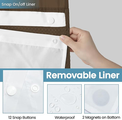 EUTXL Heavyweight No Hook Shower Curtain with Liner, Brown, 54x80 | Snap in Liner, Thick Waffle Fabric, Hotel Quality, Corner Magnets, Waterproof & Washable