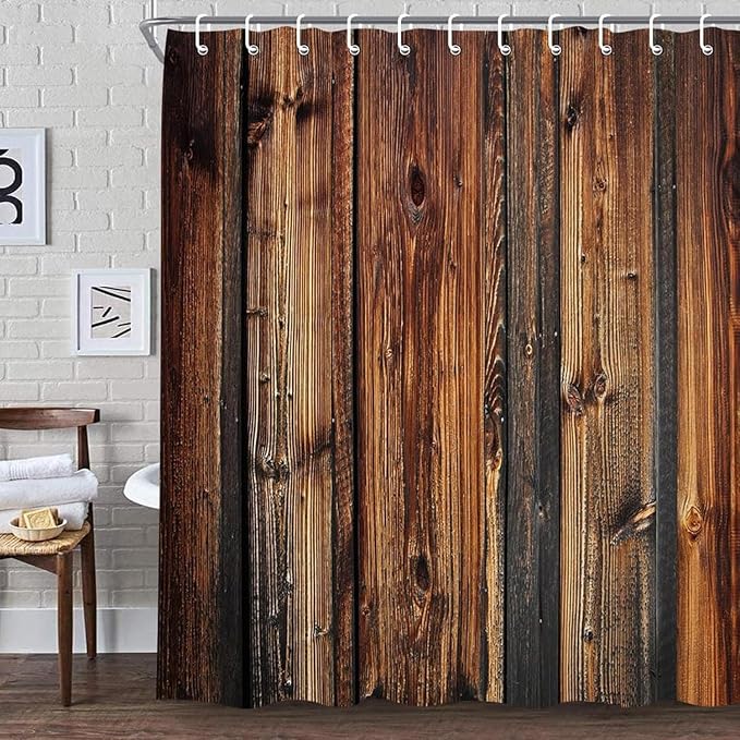 Stall Fabric Shower Curtain 36 x 72 Inch, Rustic Barn Door Small Shower Curtain for Bathroom，with Hooks, Narrow Stall Size, Machine Washable, Waterproof, Polyester Cloth
