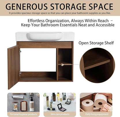 28" Floating Bathroom Vanity with Sink Combo,28 Inch Floating Vanity,Modern Single Sink Bathroom Vanity Combo,Brown Wall Mounted Cabinet Set