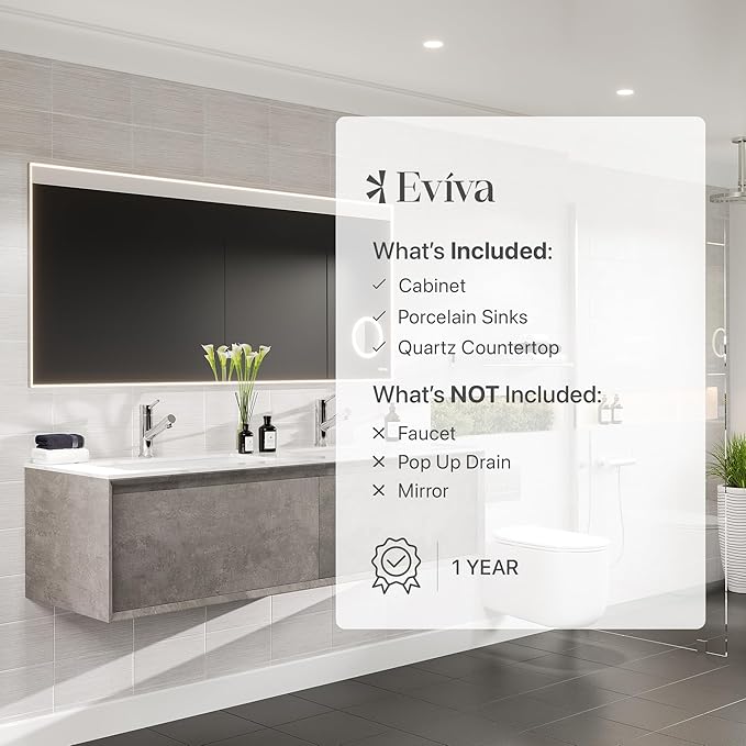 Eviva Aurora 60 in. Concrete Gray Wall Mount Double Sink Bath Vanity with Carrara Quartz Top
