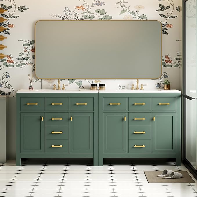 72 Inch Green Bathroom Vanity with Double Sink,Modern Double Sink Vanity with 8 Drawers & 4 Cabinets,Soft Closing Doors with Gold Handles,Solid Wood Frame,Grid Front(2 * 36 Inch)