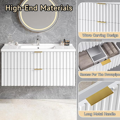 ONBRILL 36 Inch Bathroom Vanity with Sink Combo, Floating Bathroom Vanity with 2 Fluted Drawers & Metal Handle, Modern Wall Mount Storage Cabinet with Ceramic Integrated Sink for Small Space (White)