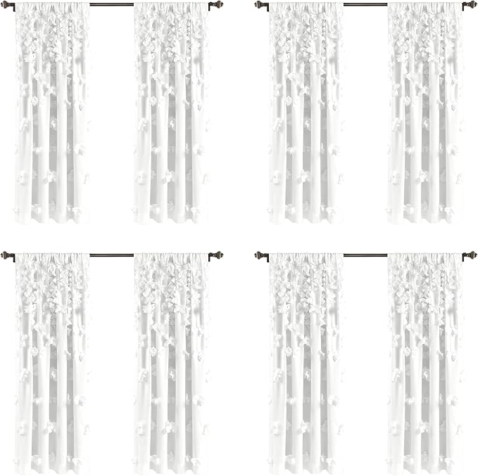 Lush Decor Riley Light Filtering Window Curtain Panel, Single 54" W x 63" L, White - Cute White Curtains for Bedroom - Bow Decor - Coquette Curtains for Windows (Pack of 4)