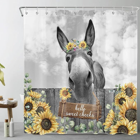 HVEST Farmhouse Donkey Shower Curtain with Hooks, Funny Western Animal and Sunflower on Fence Shower Curtain for Bathroom, Yellow Floral with Green Leaf Plant Bathroom Shower Curtain Set, 72X78 inches