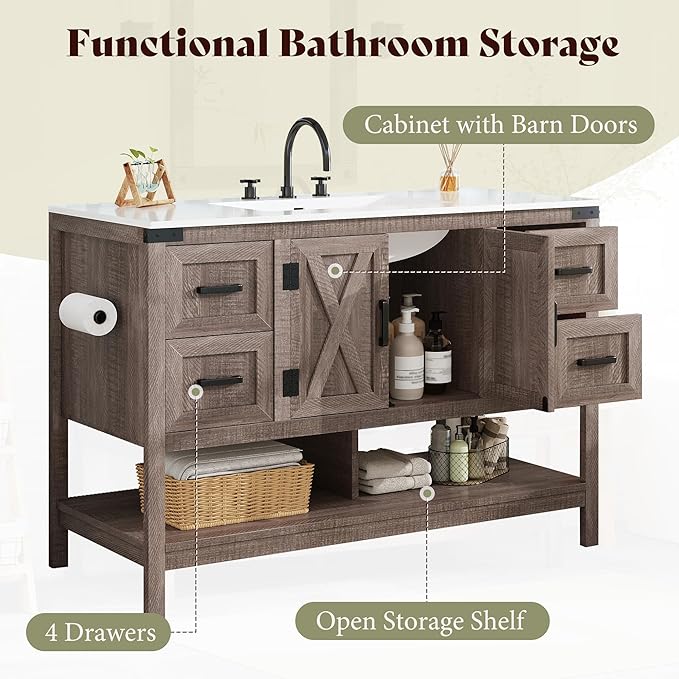 AMERLIFE 48” Farmhouse Bathroom Vanity with Sink, Freestanding Cabinet with 4 Drawers, Double Barn Doors & Open Shelf, Rustic Storage for Master or Family Bathroom, Light Gray
