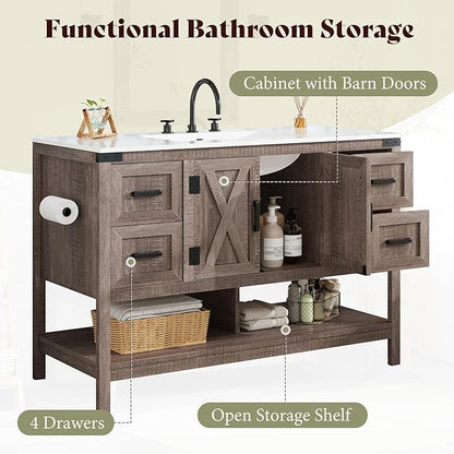 AMERLIFE 48” Farmhouse Bathroom Vanity with Sink, Freestanding Cabinet with 4 Drawers, Double Barn Doors & Open Shelf, Rustic Storage for Master or Family Bathroom, Light Gray
