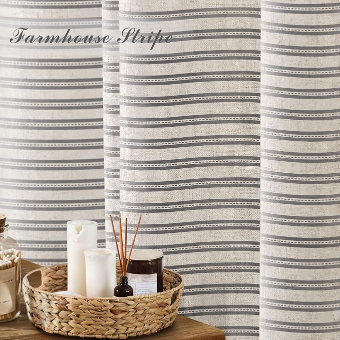 Farmhouse Striped Shower Curtain Horizontal Grey Vintage Linen 72"W X 72"L | Striped Shower Curtains with Linen Texture for Bathroom Decor
