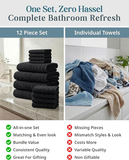 Casa Platino Towel Set Soft Absorbent Quick Dry 100% Cotton - Black | Towels And Washcloths Sets - Lightweight & Breathable, Fade-Resistant Color, Classic Terry Weave, Densely Woven