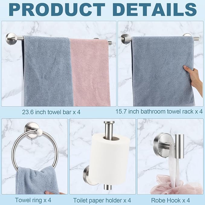 Gisafai 20 Pcs Brushed Nickel Bathroom Accessories Hardware Set Silver Towel Racks for Bathroom SUS304 Stainless Steel 23.6 Inch Brushed Towel Bar Ring Toilet Paper Holder Robe Hooks Wall Mounted
