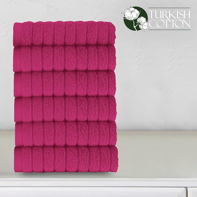 Elegant Comfort 100% Turkish Cotton Corduroy Ribbed Luxury Washcloths 6 Pack Soft 13 x 13 Inch - Higly Absorbent, Durable, Quick Dry, Spa Premium Hotel Quality for Bathroom or Travel, Hot Pink