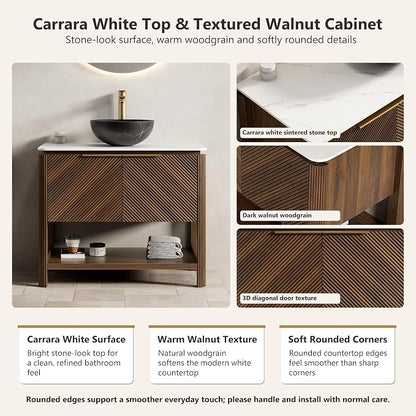Yayzy 48 Inch Bathroom Vanity with Sink, Freestanding Dark Walnut Bathroom Cabinet, Black Marble Pattern Vessel Sink, Carrara White Sintered Stone Countertop, Soft Close Doors, Open Storage Shelf
