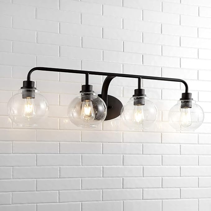 JONATHAN Y 36" Oil Rubbed Bronze Farmhouse LED Vanity Light Wall Sconce for Bathroom, Clear Seeded Glass Shade, Industrial Iron Indoor Fixture, LED Bulb Included (JYL7529A)