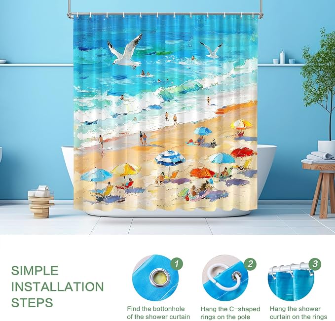 Summer Shower Curtain, Oil Painting Beach Ocean Shower Curtain Coastal Nautical Scene Seaside Seacoast Waterproof Fabric Bathroom Decor, Vacation Themed Bath Curtain for Home, Hotel & Resort
